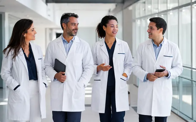 Equipe médica caminhando em uma clínica