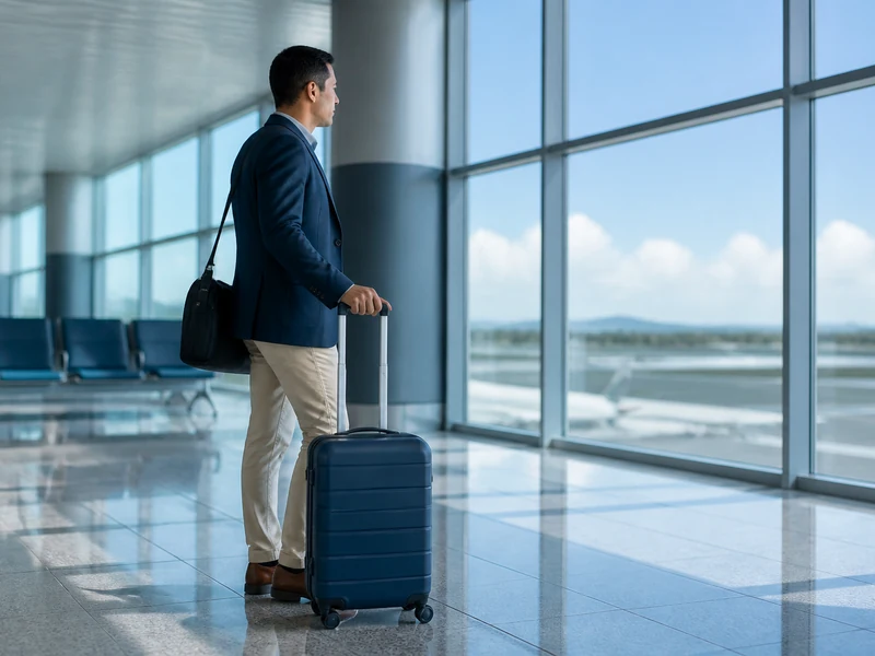 Viajante em aeroporto com bagagem, pronto para embarcar