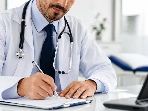 Médico preenchendo uma ficha durante atendimento