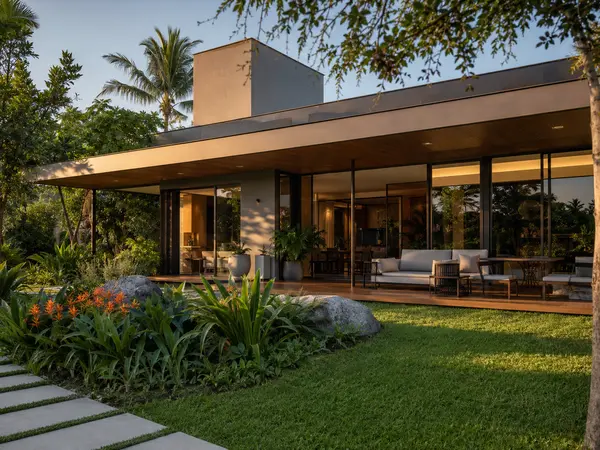 Casa contemporânea cercada por jardim